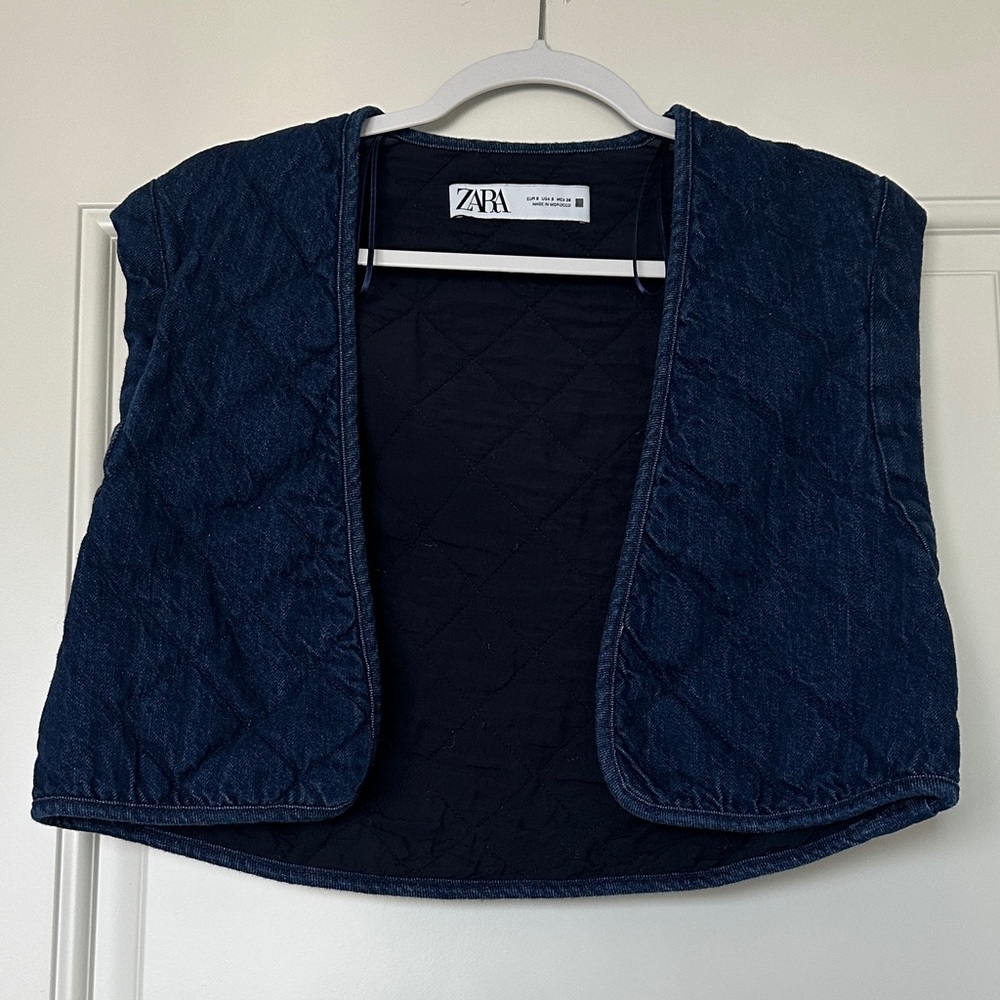 Zara Quilted Denim Cropped Vest in Dark Indigo